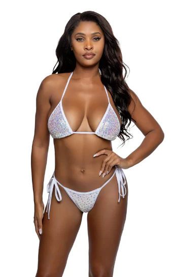 2PC Sequin Net Tie-Side Bikini Set - 6769 White