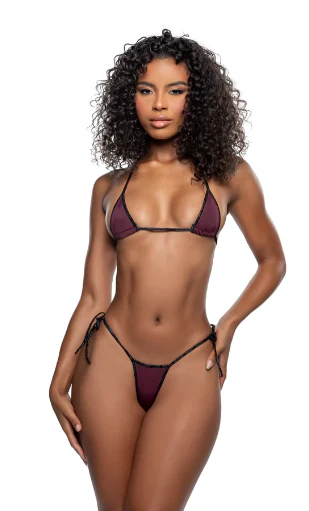 2PC Solid Spandex Tie-Side Bikini Set - 6795 Brown