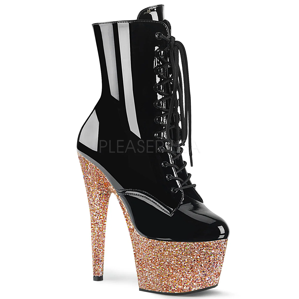 ADORE-1020LG Black Patent/Rose Gold Glitter