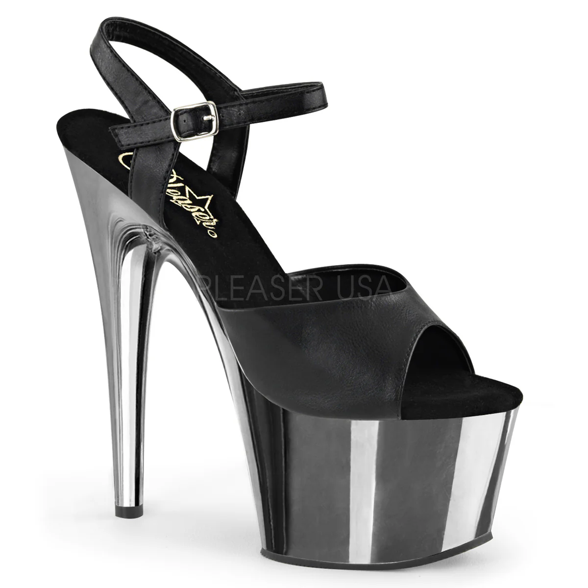 ADORE-709 Black Faux Leather/Silver Chrome