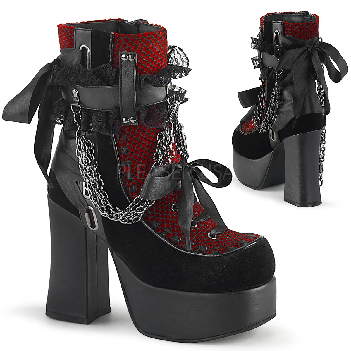 CHARADE-110 Black V. Le-Red-Black Velvet-Fishnet Overlay
