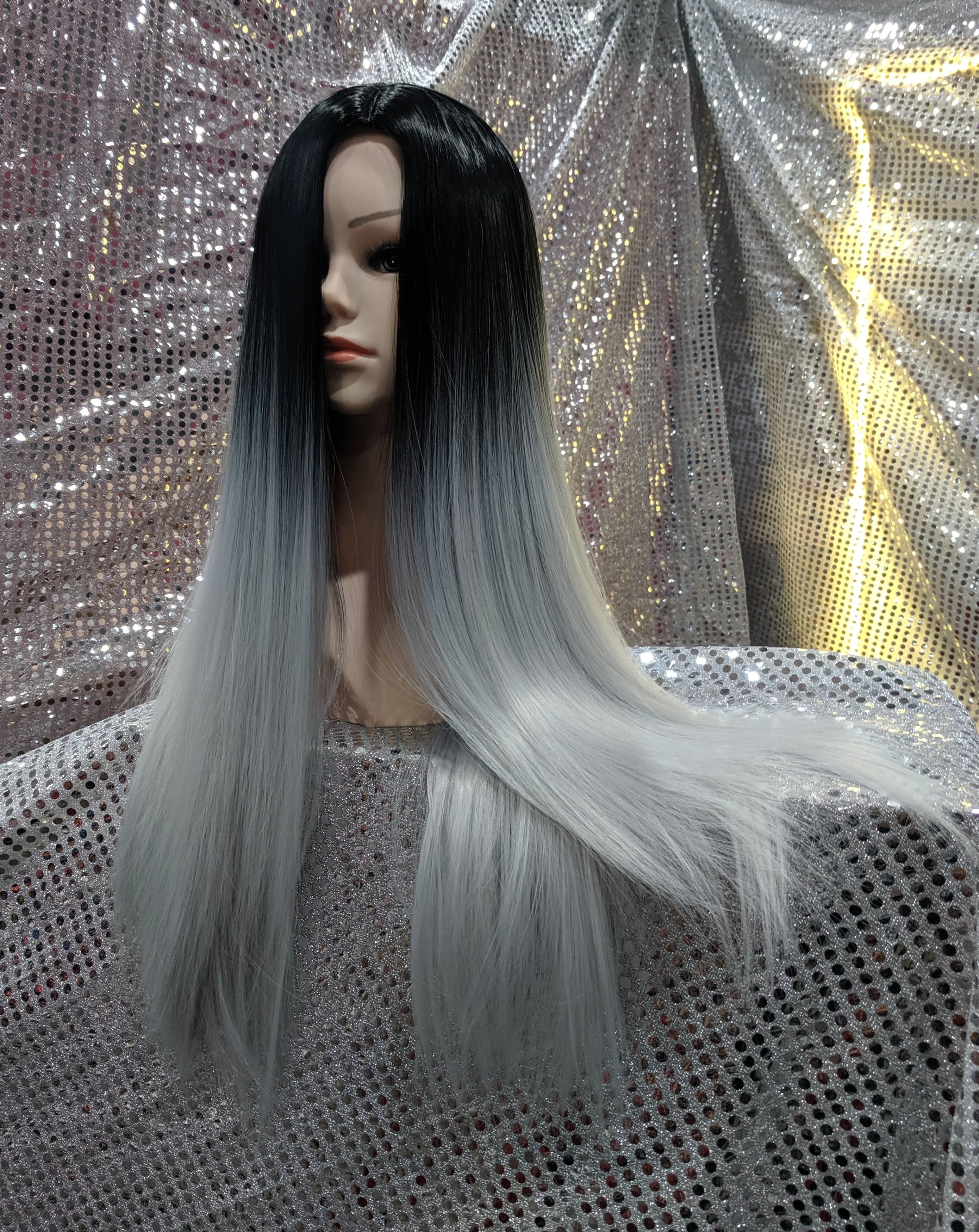 Grey Ombre 26" Straight Heat Resistant Wig