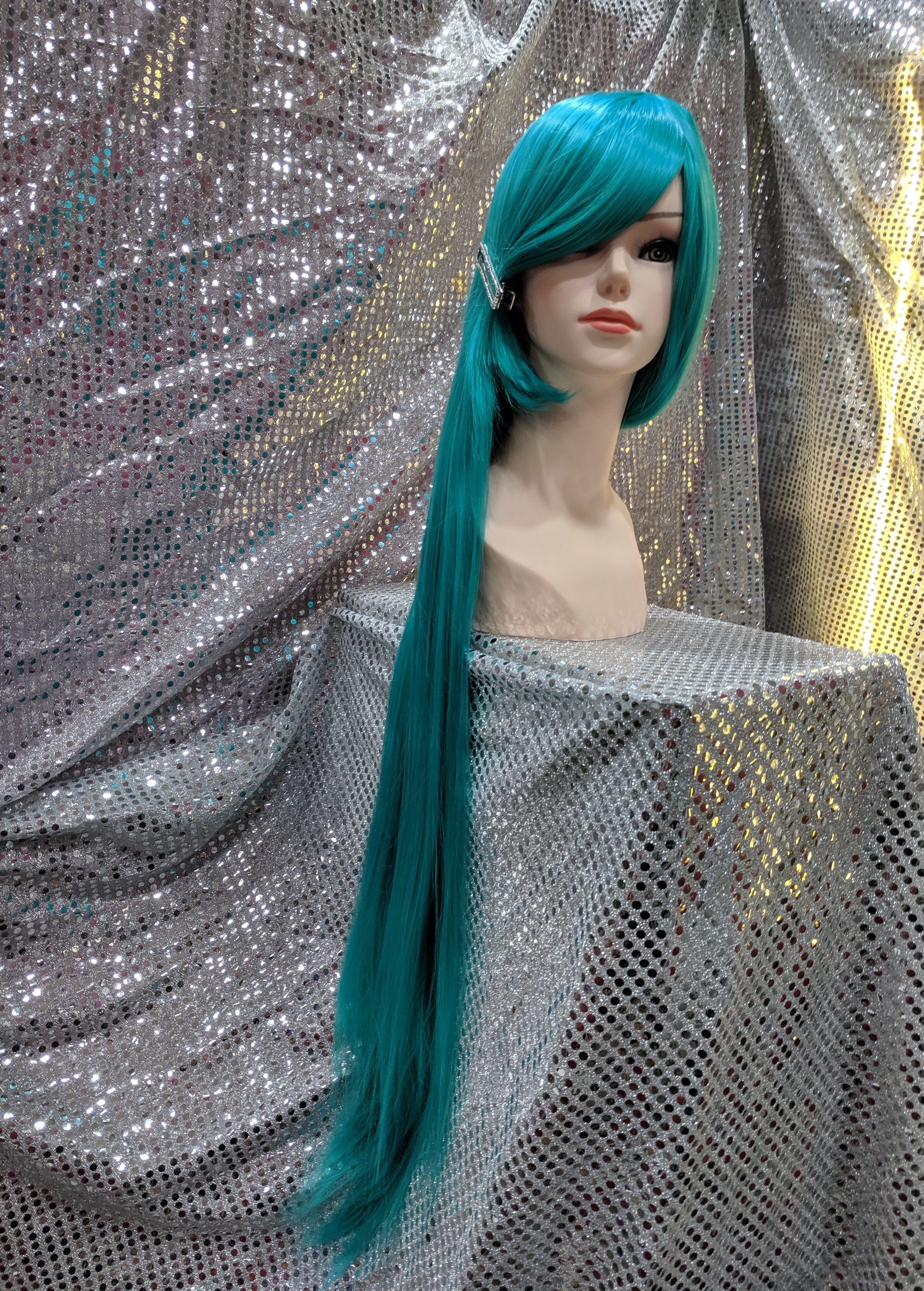 Turquoise 40" Straight Heat Resistant Wig With Bangs - Image 3
