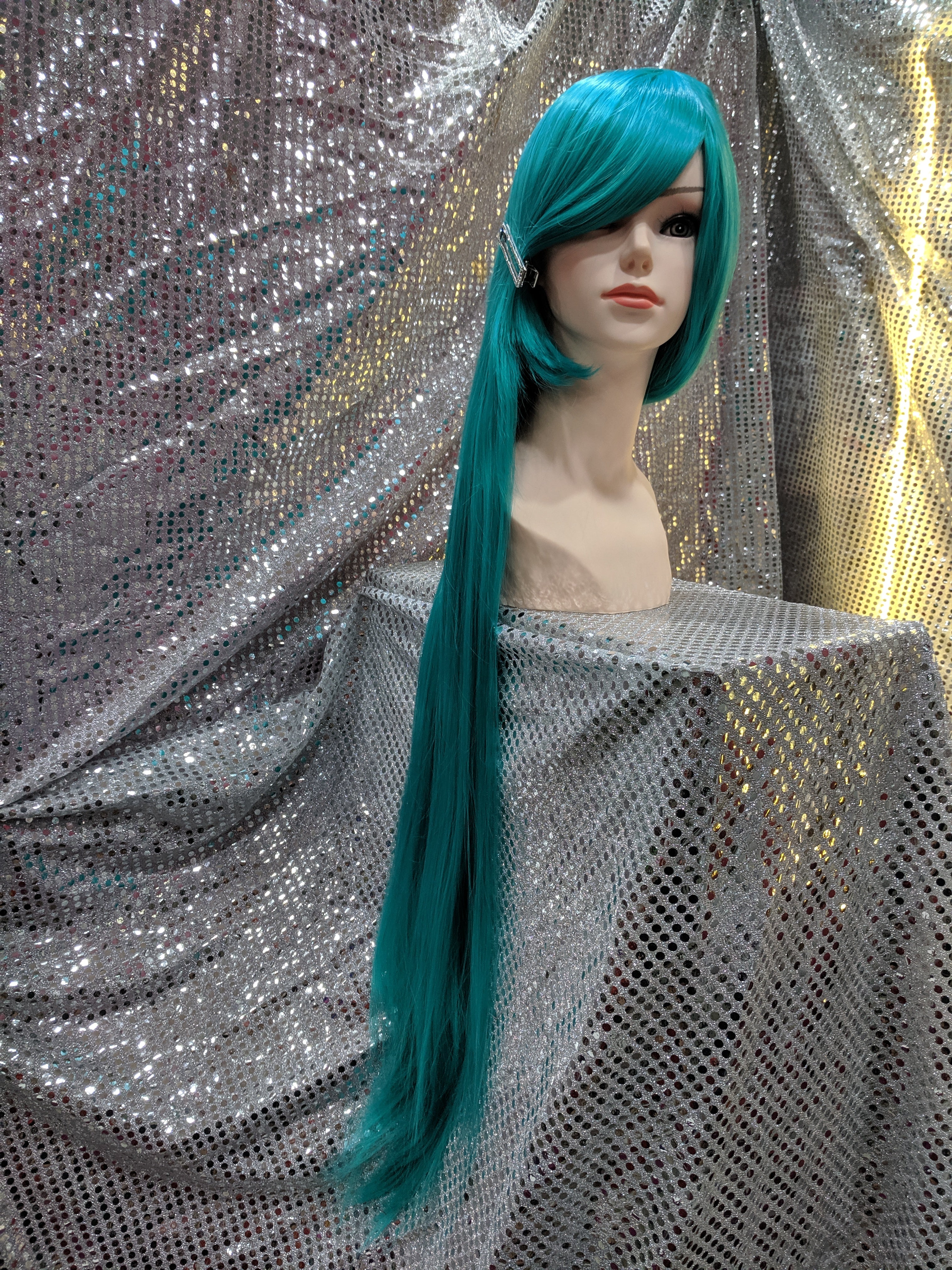 Turquoise 40" Straight Heat Resistant Wig With Bangs - Image 5