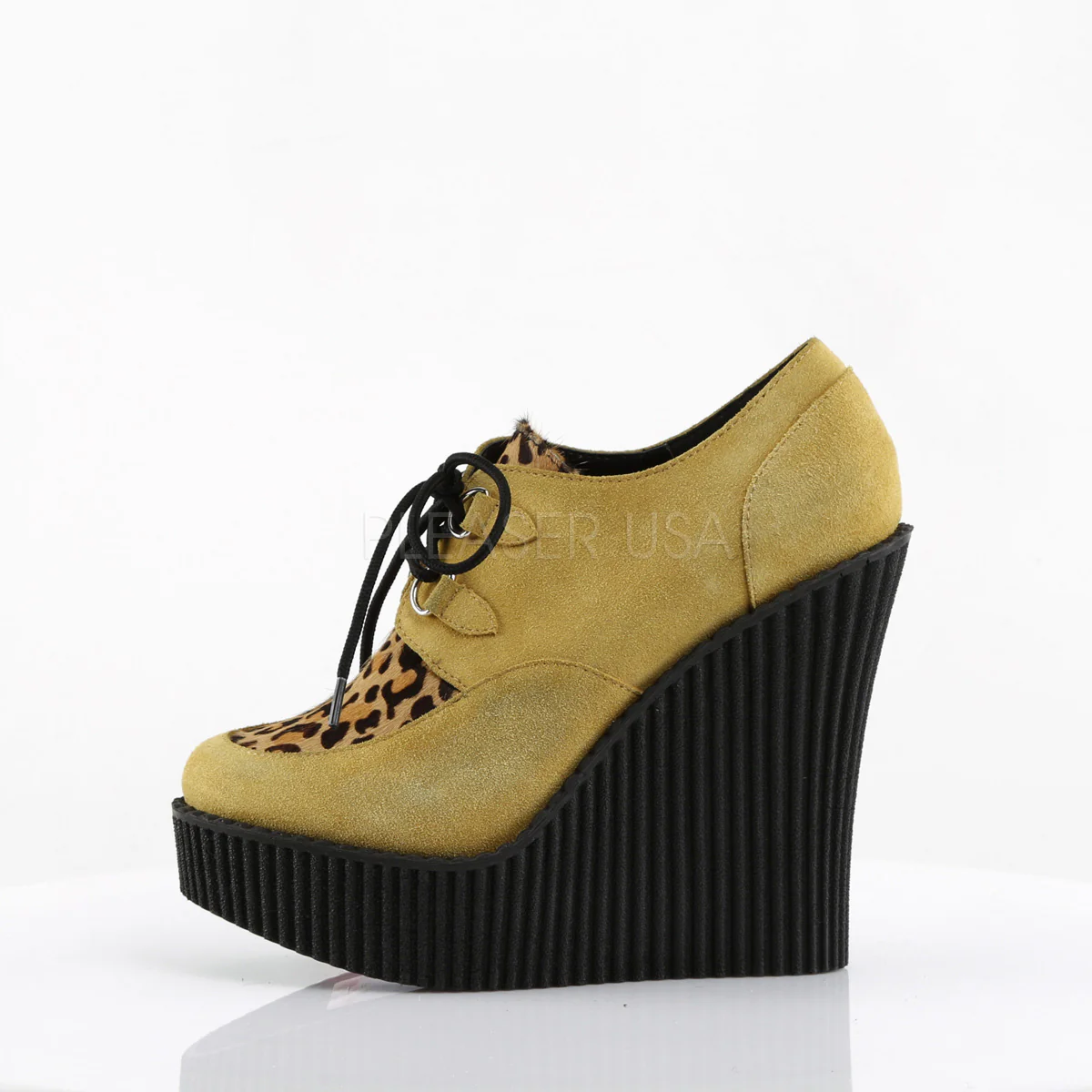 CREEPER-304  Mustard Vegan Suede-Leopard Printed Ponly Hair - Image 3