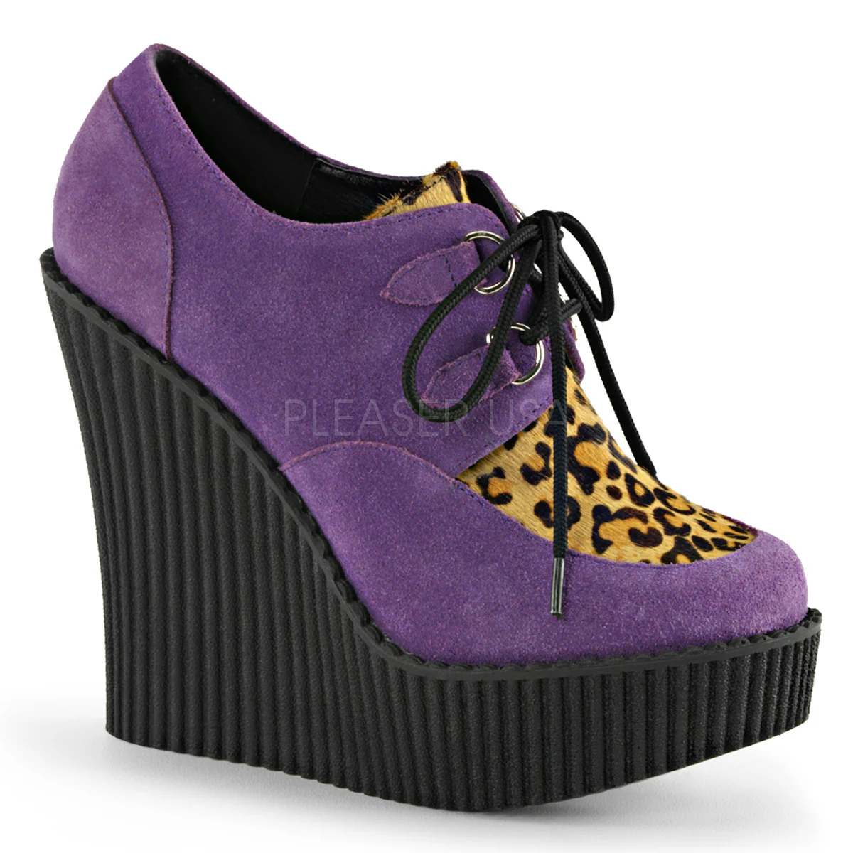 CREEPER-304 Purple Vegan Suede-Leopard Printed Pony Hair