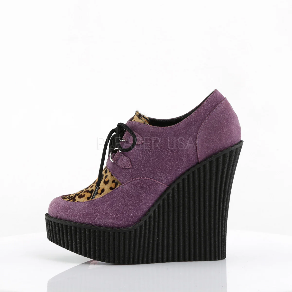 CREEPER-304 Purple Vegan Suede-Leopard Printed Pony Hair - Image 3