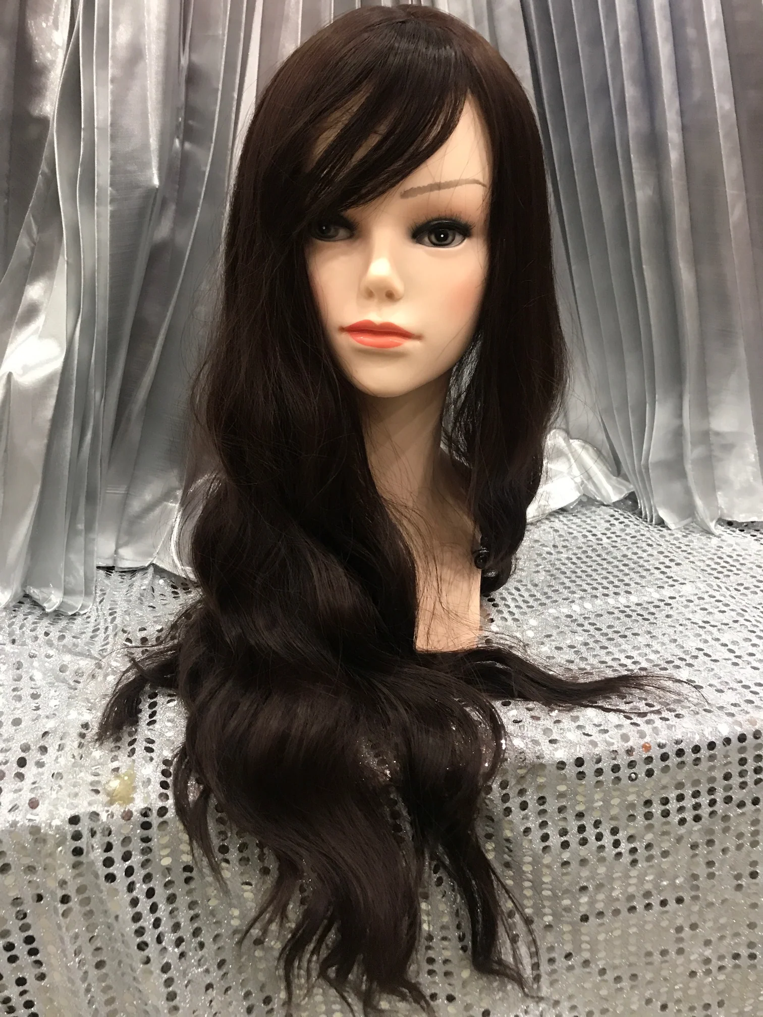 Dark Brown 24" Synthetic Wavy Wig With Soft Fringe - Image 5