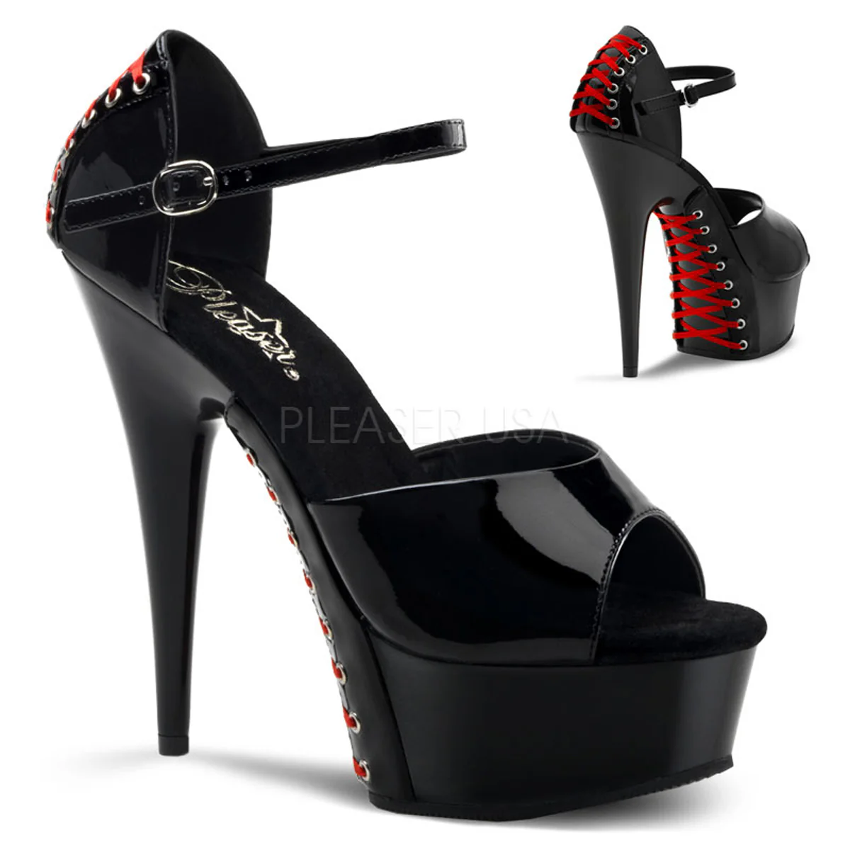 DELIGHT-660FH  Black Patent/Black (Red Lace)