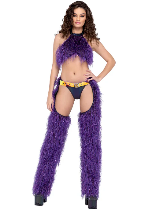 Faux Fur Cropped Halter Neck Top - Purple 6251