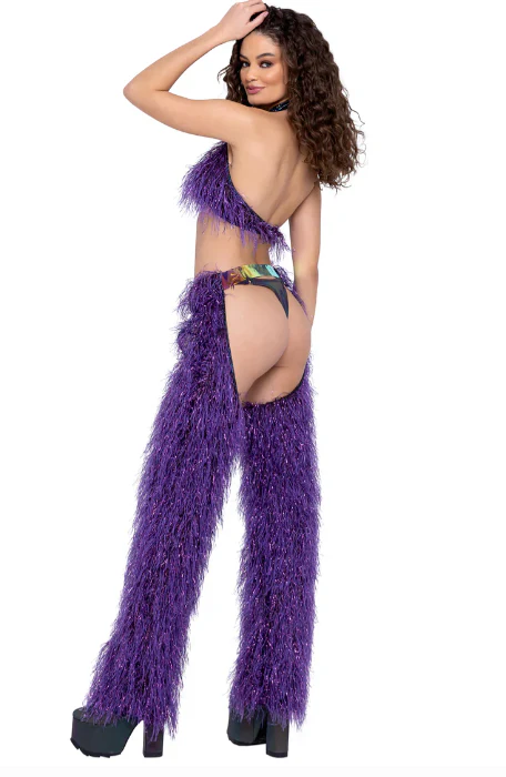 Faux Fur Cropped Halter Neck Top - Purple 6251 - Image 2