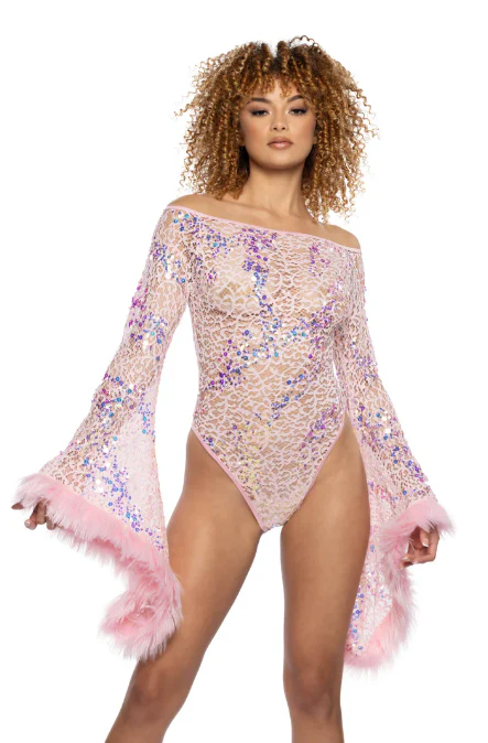 Faux Fur Trimmed Flair Sleeve Bodysuit - Lav JR130 - Image 3