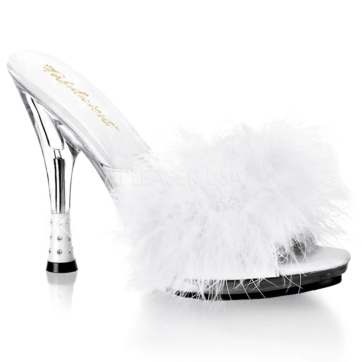 GLITZY-501-8 White Satin Fur/Clear