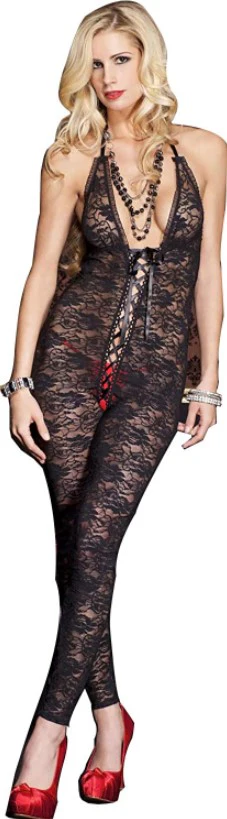 Romantic Floral Lace Footless Deep V Bodystocking with Lace Detail ML1098