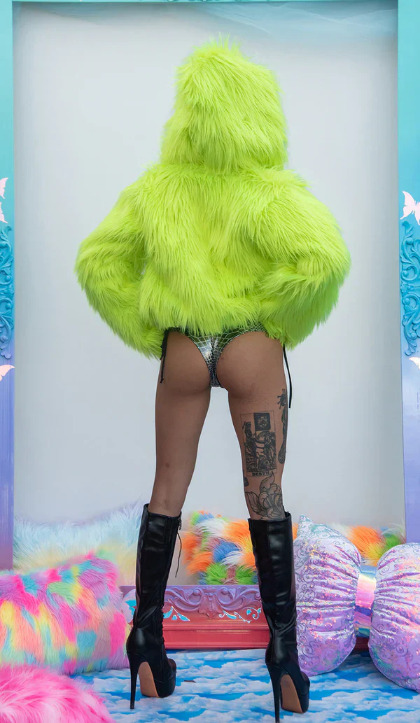 Neon Faux Fur Cropped Hoodie - Neon Pink FF490 - Image 4