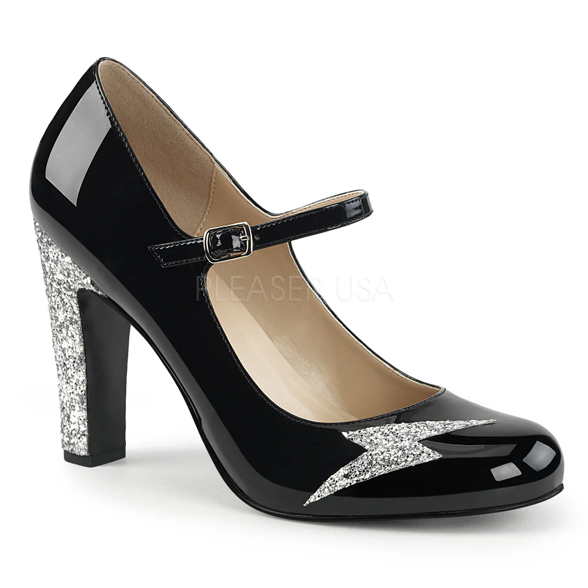 QUEEN-02 Black Patent-Silver Glitter