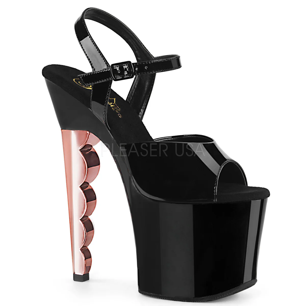 SCALLOP-709CH  Black Patent/Black-Rose Gold Chrome