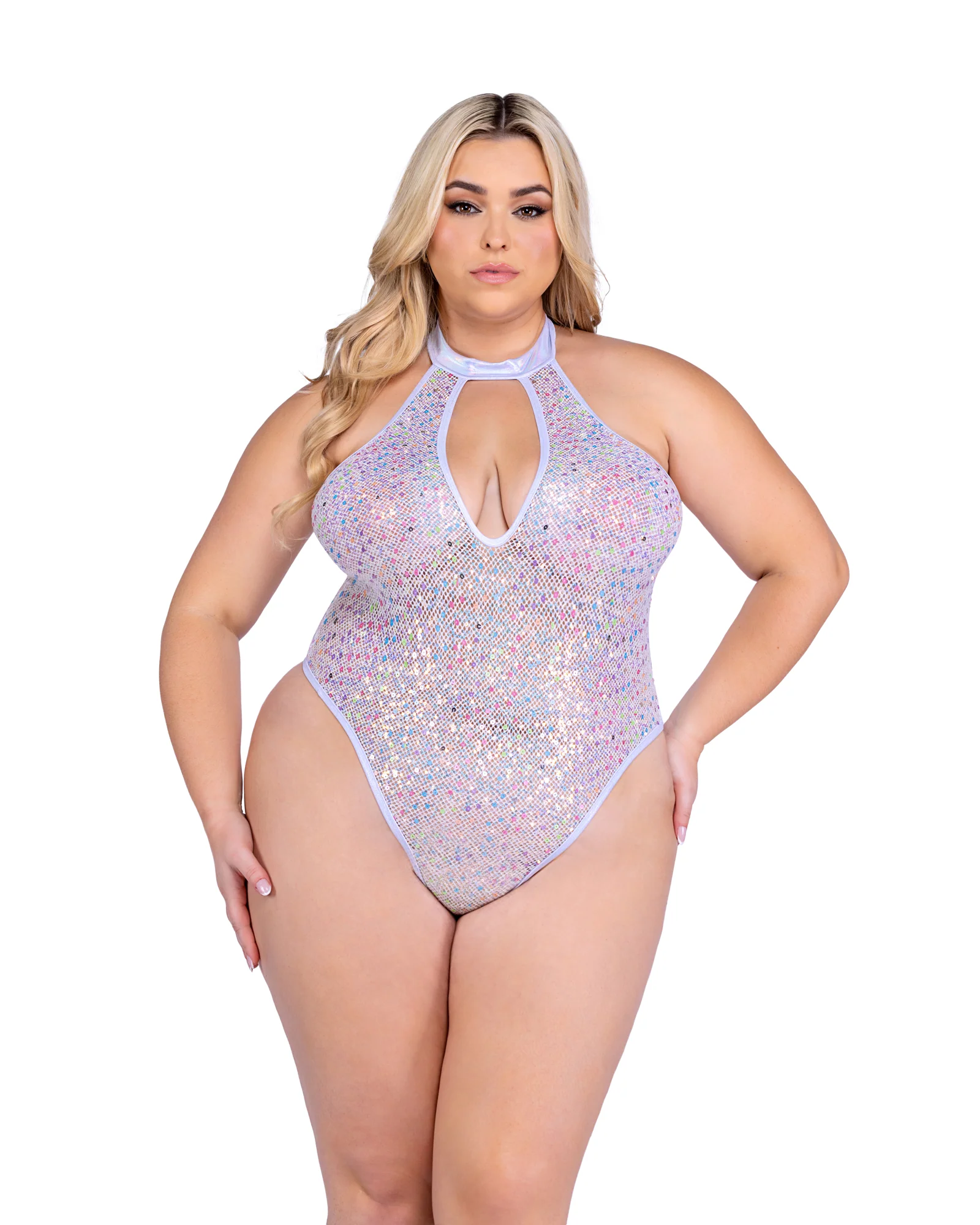 Sequin Fishnet Keyhole Romper - Black 6431 - Image 6