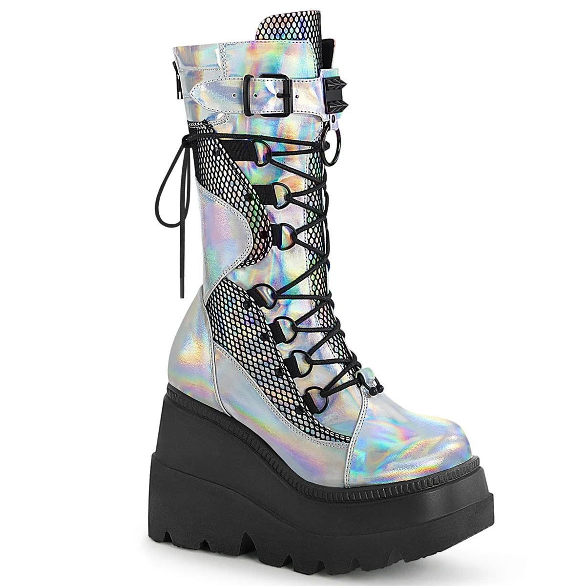 SHAKER-70  Silver Hologram Vegan Leather-Black Fishnet
