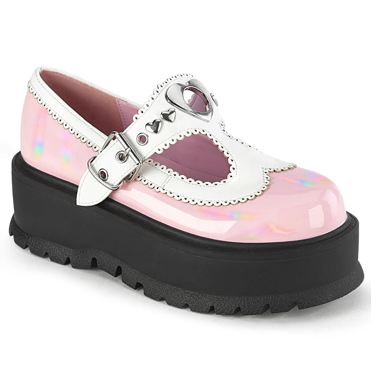 SLACKER-23 Baby Pink Holo Patent-White Vegan Leather
