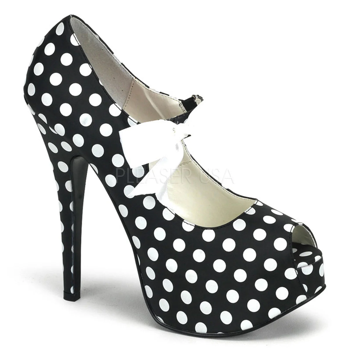 TEEZE-25  Black Satin Pu-White (Polka Dots)